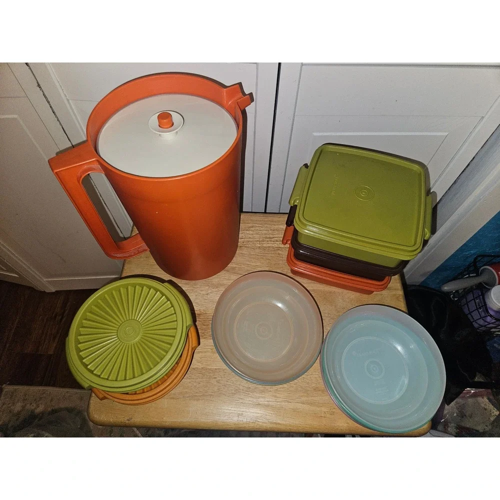 Vintage Tupperware Lot Orange 2Qt Pitcher Servalier Bowls Sandwich Keepers 12pc